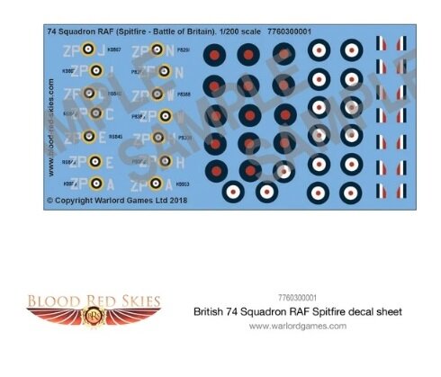 Blood Red Skies: British 74 Squadron RAF Spitfire Decal Sheet
