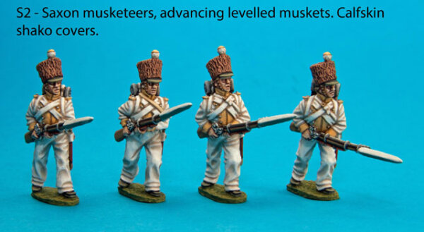 Four Saxon Musketeers with Calfskin Covered Shakoes in Advancing Poses
